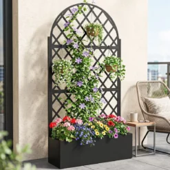 Pflanzkasten mit Rankgitter Sichtschutz mit Blumenkasten & Ablauflöchern aus Metall 90 x 40 x 180 cm Schwarz