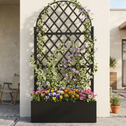 Pflanzkasten mit Rankgitter Sichtschutz mit Blumenkasten & Ablauflöchern aus Metall 90 x 40 x 180 cm Schwarz