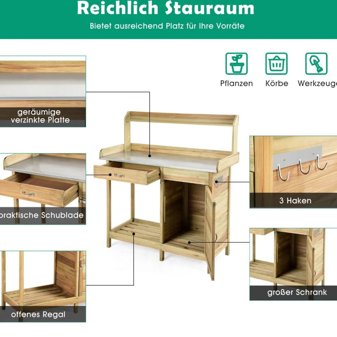 Pflanztisch aus Tannenholz Garten-Pflanzbank mit Schrank offenem Regal und 3 hochwertigen Haken Natur