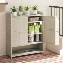 Pflanztisch mit Unterschrank & Arbeitsplatte & Abnehmbaren Regalen Gartenschrank Grau