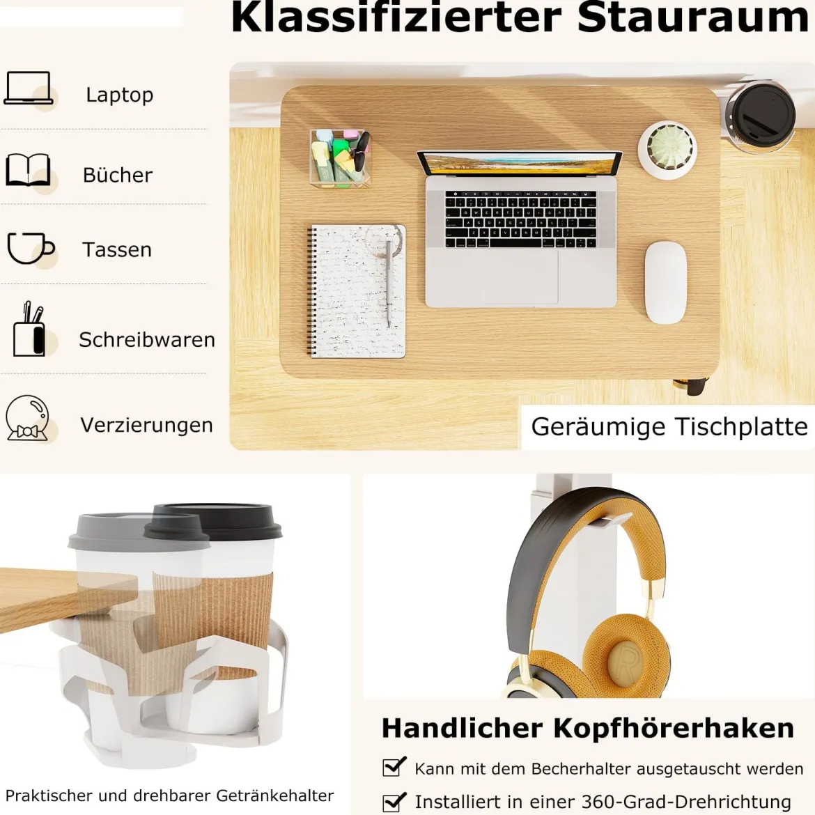 Pflegetisch mit versteckten Rollen höhenverstellbarer Betttisch mit Becherhalter & Haken Natur