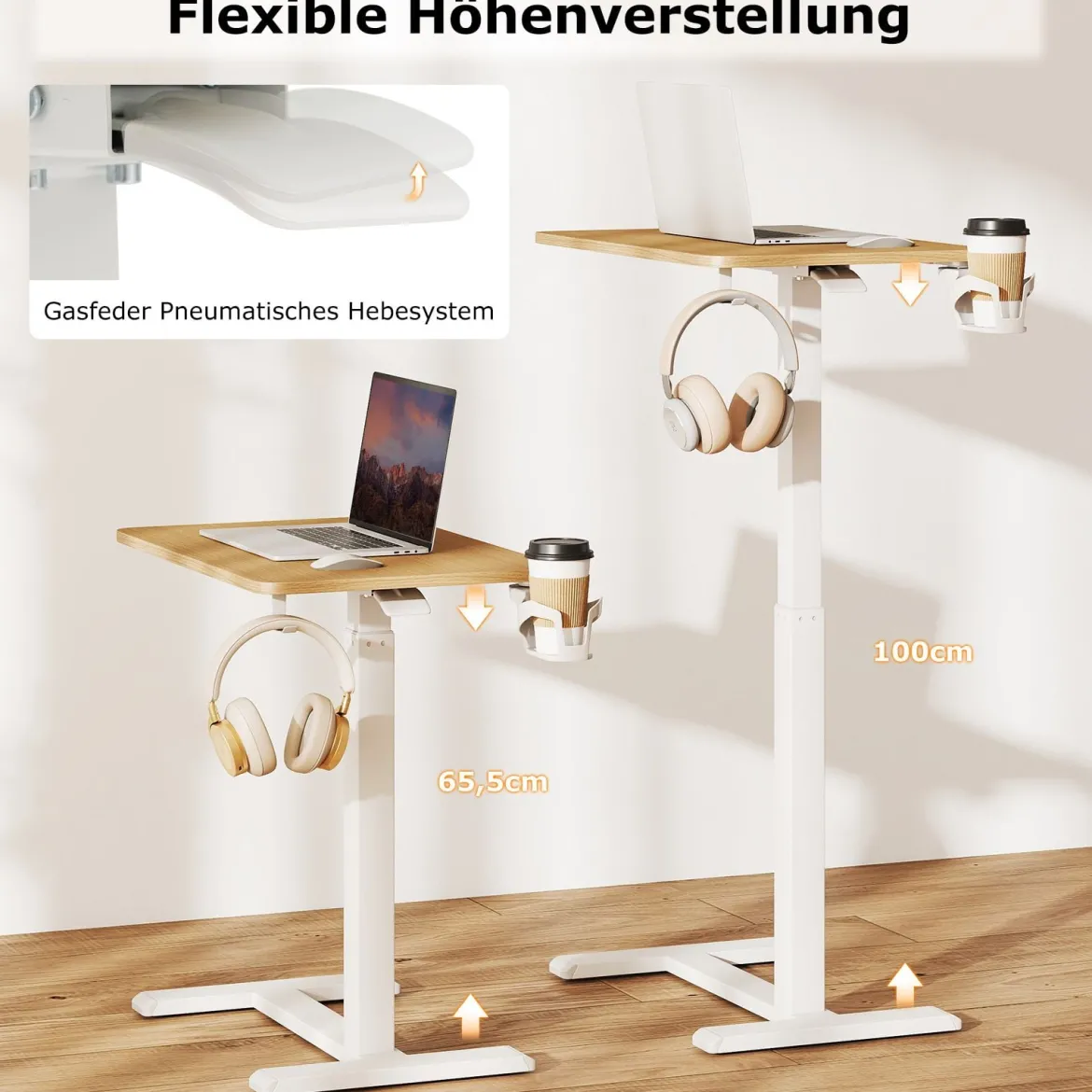 Pflegetisch mit versteckten Rollen höhenverstellbarer Betttisch mit Becherhalter & Haken Natur