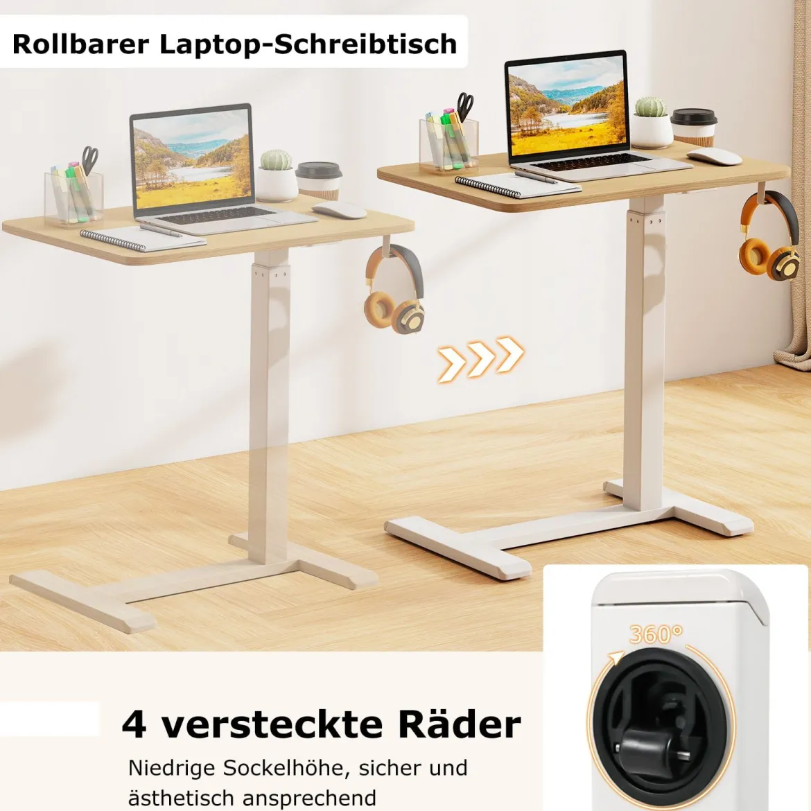 Pflegetisch mit versteckten Rollen höhenverstellbarer Betttisch mit Becherhalter & Haken Natur