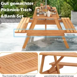 Picknicktisch für 6 Personen rechteckiger Gartentisch mit 2 integrierten Bänken und Schirmloch 150 x 139 x 75 cm Natur