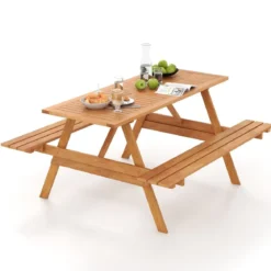 Picknicktisch für 6 Personen rechteckiger Gartentisch mit 2 integrierten Bänken und Schirmloch 150 x 139 x 75 cm Natur