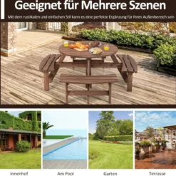 Picknicktisch-Set aus Holz für 8 Personen mit Schirmloch Braun