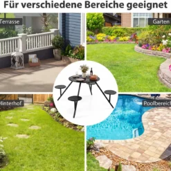 Picknicktisch Set für 4 Personen Runder Gartentisch aus Metall mit Schirmloch & 4 Stühlen Schwarz