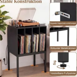 Plattenspieler-Ständer mit integrierter Ladestation & 4 Trennwänden & Kabelöffnung Schallplattenständer