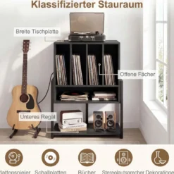 Plattenspielerständer mit Integrierter Ladestation & 4 Trennwänden Vinyl Schallplattentisch Schwarz