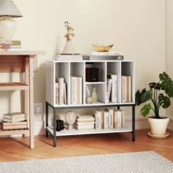 Plattenspielerständer mit Ladestation & Vinyl-Aufbewahrung Beistellschrank Vinyl-Display Regal Weiß