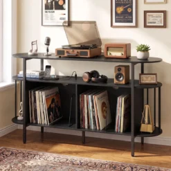 Plattenspieler-Ständer mit Ladestation & Farbigen LED-Leuchten 140 x 40 x 76 cm Schwarz