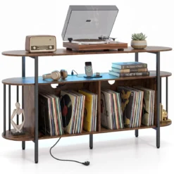Plattenspieler-Ständer mit Ladestation & Farbigen LED-Leuchten 140 x 40 x 76 cm Rustikalbraun