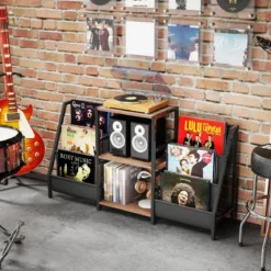 Plattenspielerständer mit Vinyl-Regal & 3 Ablagen & 6 Aufbewahrungstaschen Schallplattenständer
