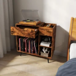 Plattenspielerständer Plattenschrank mit Steckdose & USB & Typ C 79,5 x 40 x 79 cm Rustikales Braun