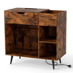 Plattenspielerständer Plattenschrank mit Steckdose & USB & Typ C 79,5 x 40 x 79 cm Rustikales Braun