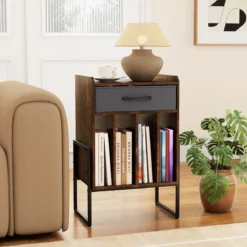 Plattenspieler Ständer Schallplatten Regal Mit 4 Fächern Bis 160 Alben Vinyl Schrank Für Wohnzimmer Braun
