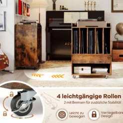 Plattenspieler Tisch mit 5 Fächern & Schublade Plattenständer Vinylaufbewahrung mit Rollen Braun