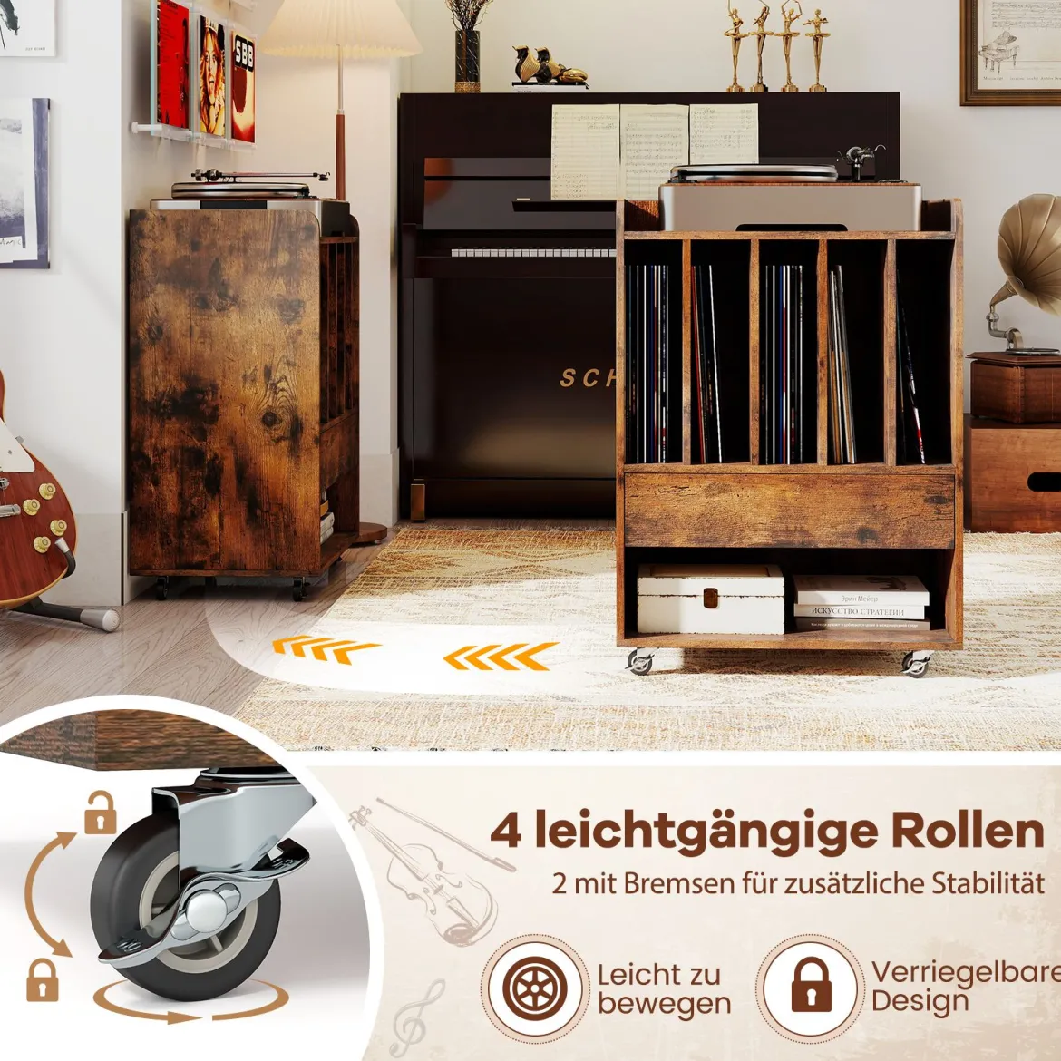 Plattenspieler Tisch mit 5 Fächern & Schublade Plattenständer Vinylaufbewahrung mit Rollen Braun