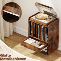 Plattenspieler Tisch mit 5 Fächern & Schublade Plattenständer Vinylaufbewahrung mit Rollen Braun