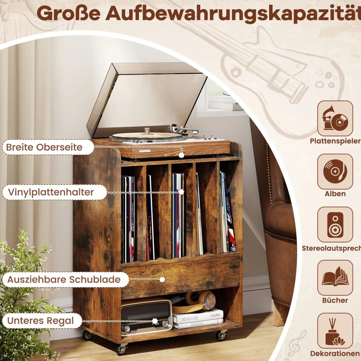 Plattenspieler Tisch mit 5 Fächern & Schublade Plattenständer Vinylaufbewahrung mit Rollen Braun