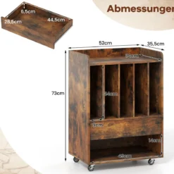 Plattenspieler Tisch mit 5 Fächern & Schublade Plattenständer Vinylaufbewahrung mit Rollen Braun