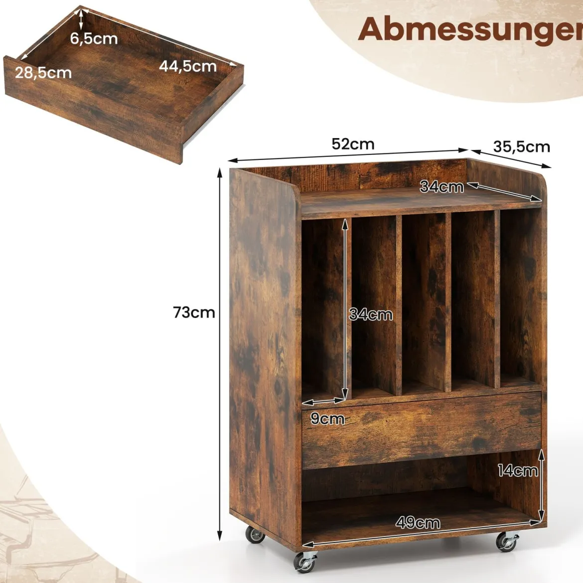 Plattenspieler Tisch mit 5 Fächern & Schublade Plattenständer Vinylaufbewahrung mit Rollen Braun