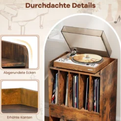 Plattenspieler Tisch mit 5 Fächern & Schublade Plattenständer Vinylaufbewahrung mit Rollen Braun