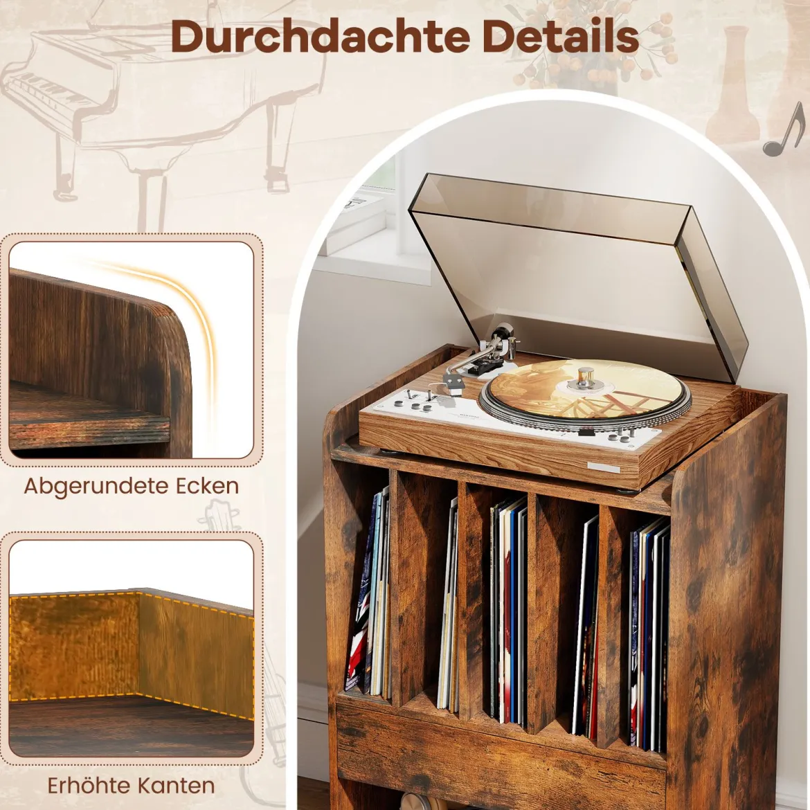 Plattenspieler Tisch mit 5 Fächern & Schublade Plattenständer Vinylaufbewahrung mit Rollen Braun