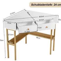 Platzsparender Eck Schreibarbeitstisch mit 2 Großen Schubladen und Ablagefläche für Kleine Räume Golden