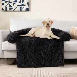 Plüschbett für Hunde mit rutschfester Unterseite abnehmbarem waschbarem Bezug & weicher Nackenrolle große 115 × 120 cm Schwarz