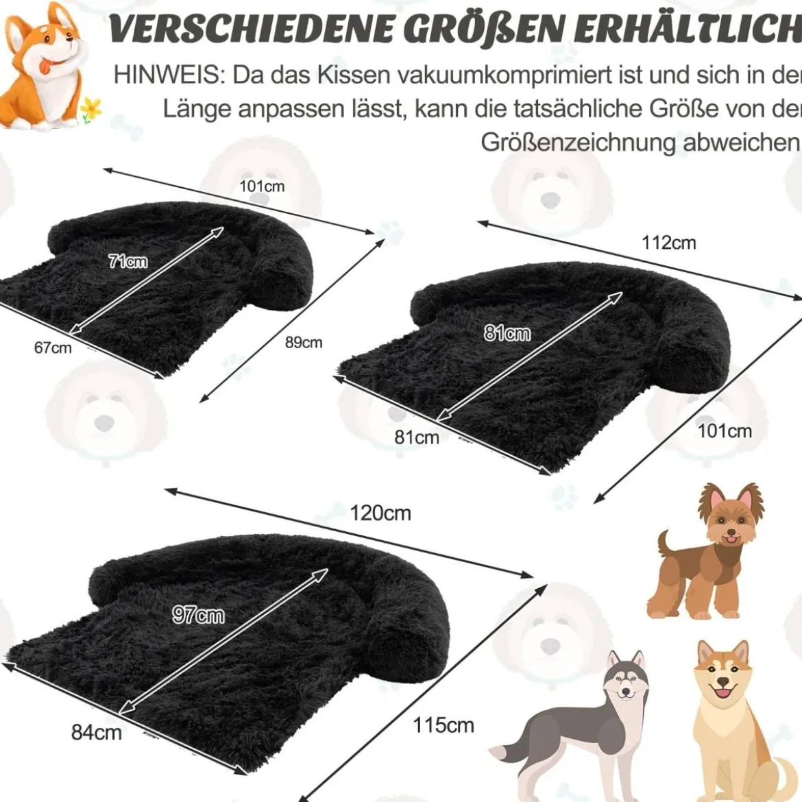 Plüschbett für Hunde mit rutschfester Unterseite abnehmbarem waschbarem Bezug & weicher Nackenrolle mittelgroße 112 x 101 cm Schwarz