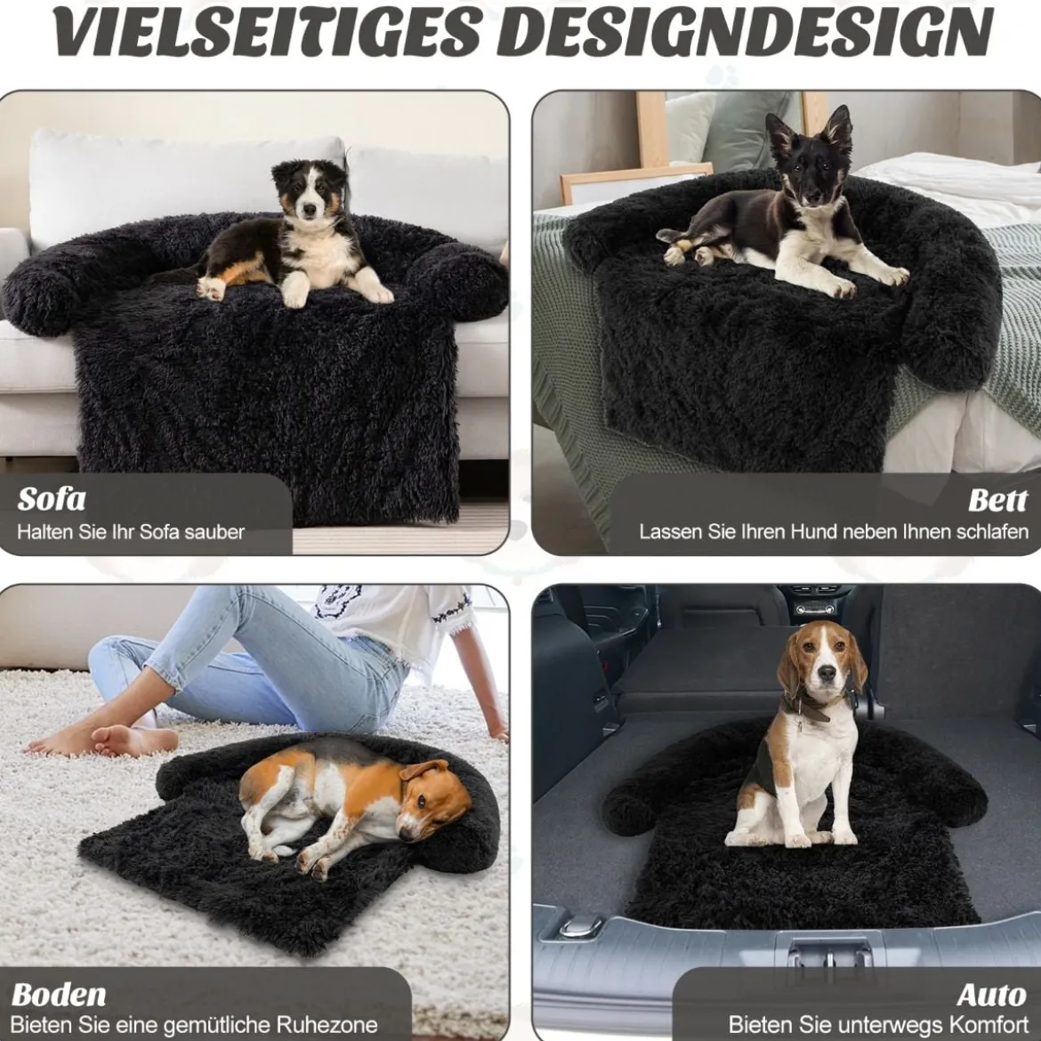 Plüschbett für Hunde mit rutschfester Unterseite abnehmbarem waschbarem Bezug & weicher Nackenrolle mittelgroße 112 x 101 cm Schwarz