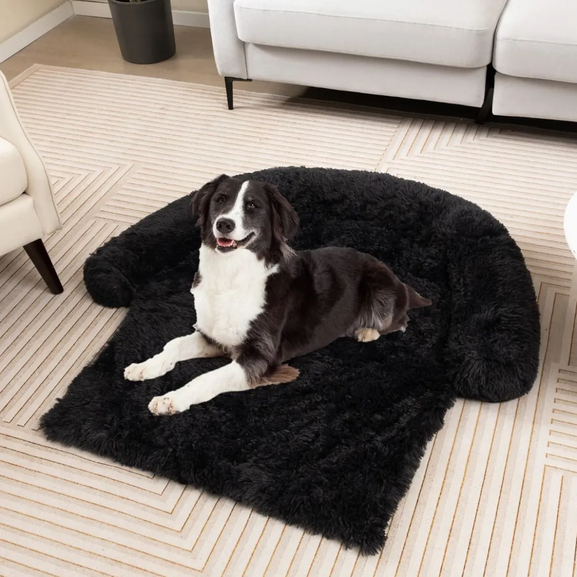 Plüschbett für Hunde mit rutschfester Unterseite abnehmbarem waschbarem Bezug & weicher Nackenrolle mittelgroße 112 x 101 cm Schwarz