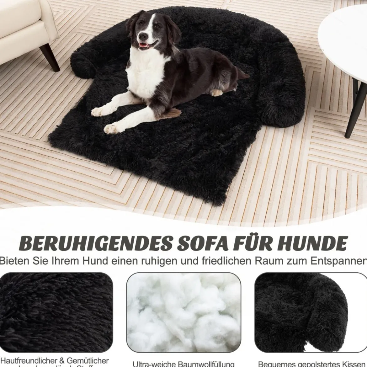 Plüschbett für Hunde mit rutschfester Unterseite abnehmbarem waschbarem Bezug & weicher Nackenrolle mittelgroße 112 x 101 cm Schwarz