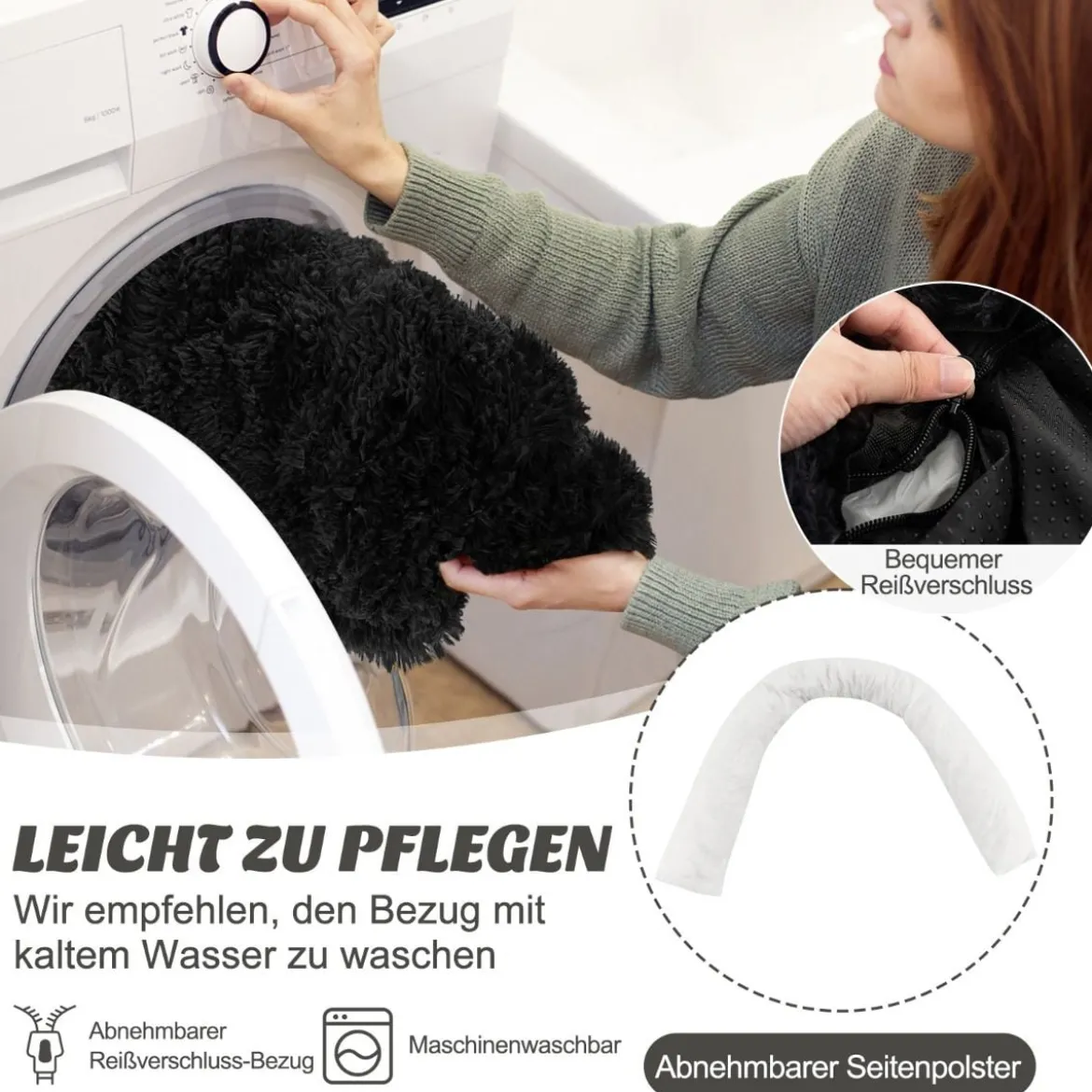 Plüschbett für Hunde mit rutschfester Unterseite abnehmbarem waschbarem Bezug & weicher Nackenrolle mittelgroße 112 x 101 cm Schwarz