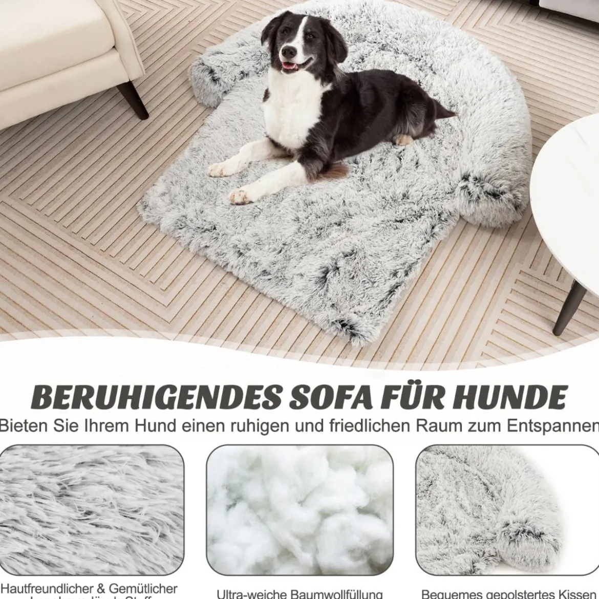 Plüschbett für Hunde mit rutschfester Unterseite abnehmbarem waschbarem Bezug & weicher Nackenrolle mittelgroße 112 x 101 cm Grau-weiß