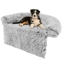 Plüschbett für Hunde mit rutschfester Unterseite abnehmbarem waschbarem Bezug & weicher Nackenrolle mittelgroße 112 x 101 cm Grau-weiß