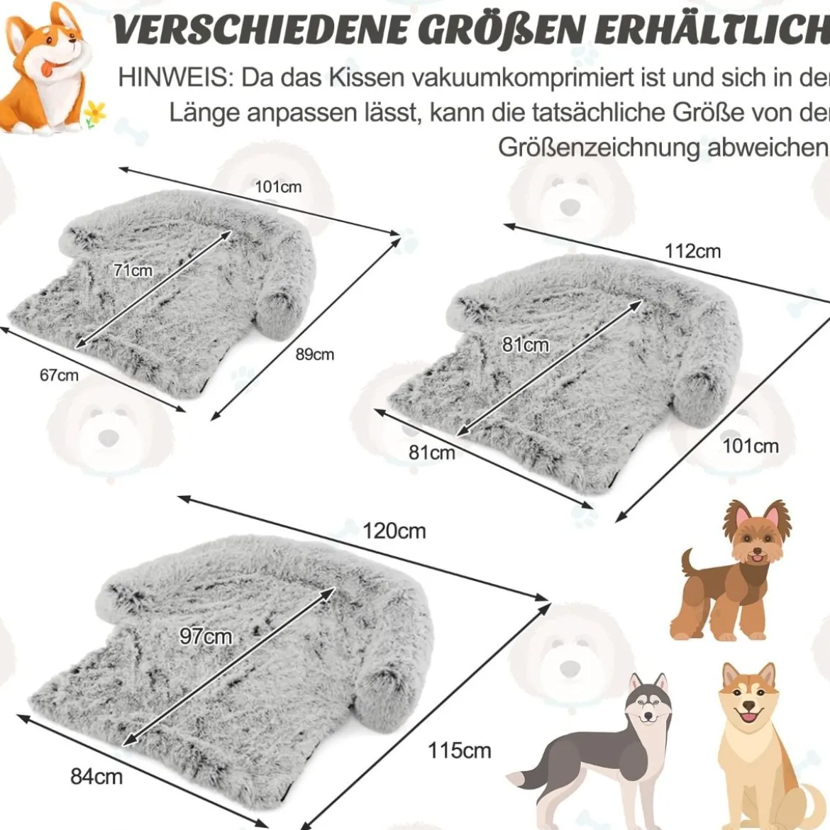 Plüschbett für Hunde mit rutschfester Unterseite abnehmbarem waschbarem Bezug & weicher Nackenrolle mittelgroße 112 x 101 cm Grau-weiß