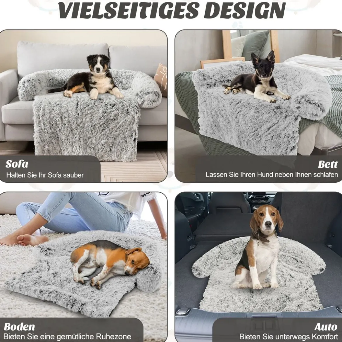 Plüschbett für Hunde mit rutschfester Unterseite abnehmbarem waschbarem Bezug & weicher Nackenrolle mittelgroße 112 x 101 cm Grau-weiß