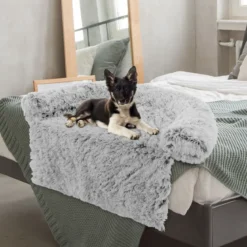 Plüschbett für Hunde mit rutschfester Unterseite abnehmbarem waschbarem Bezug & weicher Nackenrolle mittelgroße 112 x 101 cm Grau-weiß