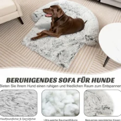 Plüschbett für Hunde mit rutschfester Unterseite abnehmbarem waschbarem Bezug & weicher Nackenrolle große 115 x 120 cm Grau-weiß