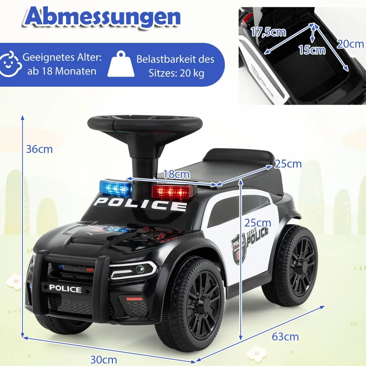 Polizei-Rutscher-Auto für Kleinkinder Rutschauto mit blinkenden Lichtern Musik Sirene Schwarz