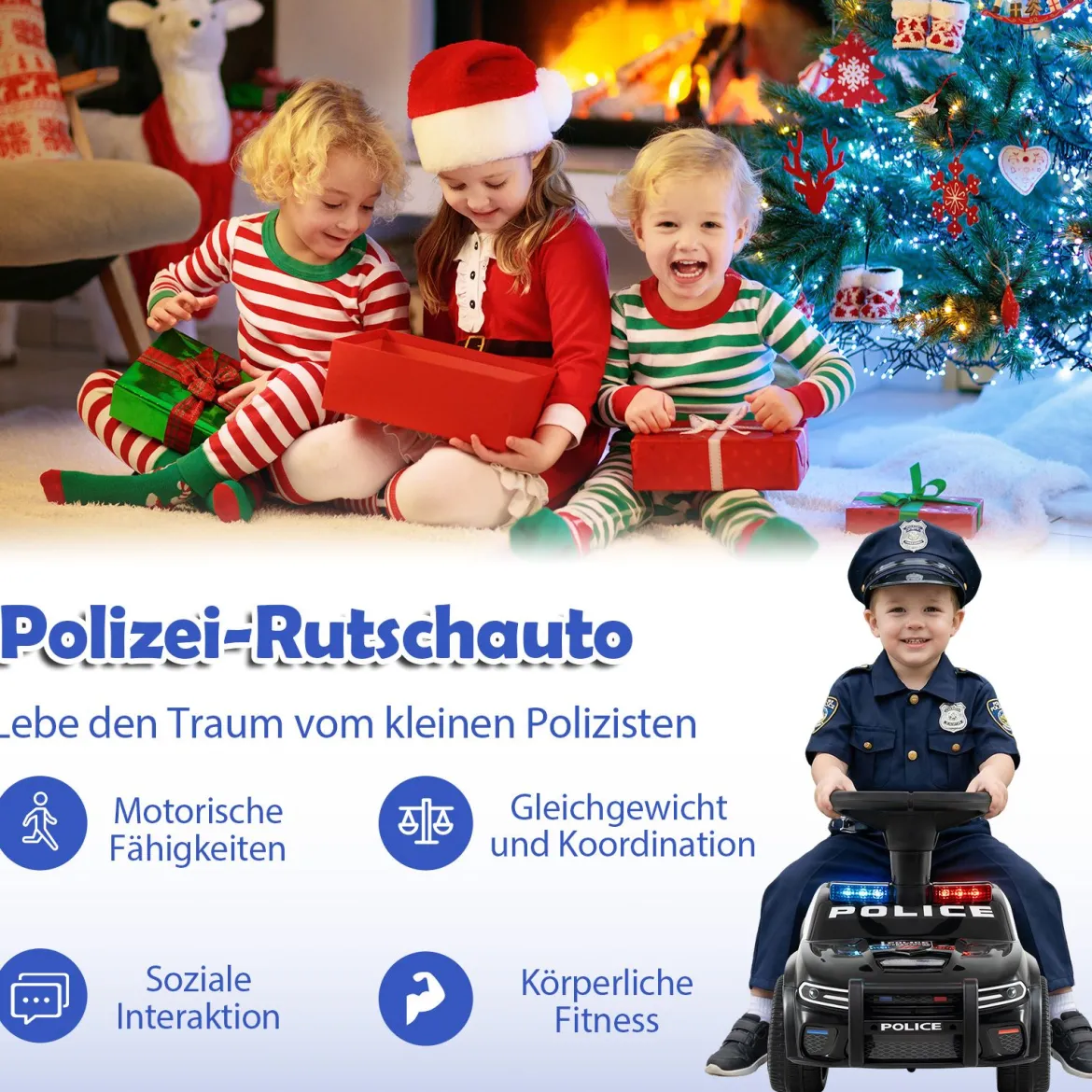 Polizei-Rutscher-Auto für Kleinkinder Rutschauto mit blinkenden Lichtern Musik Sirene Schwarz