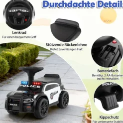 Polizei-Rutscher-Auto für Kleinkinder Rutschauto mit blinkenden Lichtern Musik Sirene Schwarz