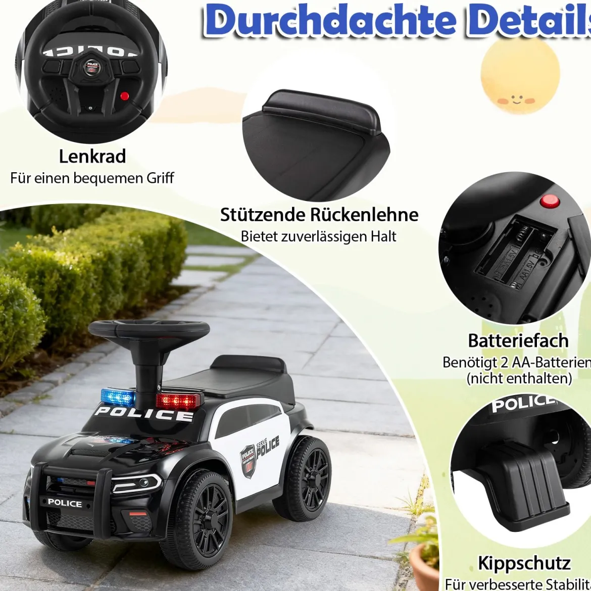 Polizei-Rutscher-Auto für Kleinkinder Rutschauto mit blinkenden Lichtern Musik Sirene Schwarz