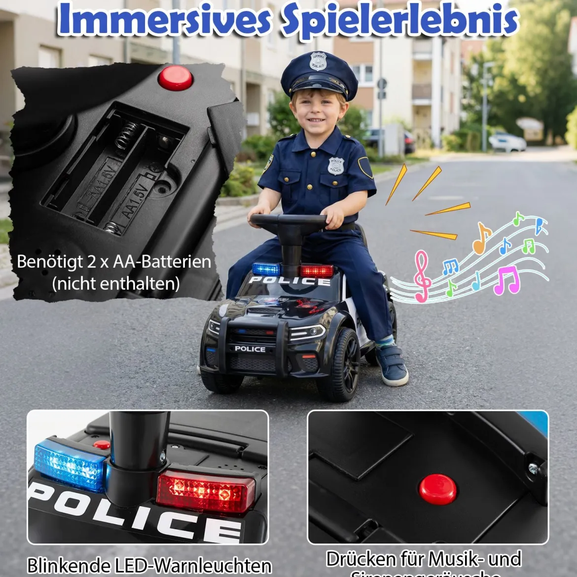 Polizei-Rutscher-Auto für Kleinkinder Rutschauto mit blinkenden Lichtern Musik Sirene Schwarz