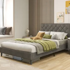 Polsterbett 200 x 140 cm Doppelbett mit Lattenrost & Kopfteil Gepolstertes Bettrahmen Grau Bettgestell bis 450 kg belastbar
