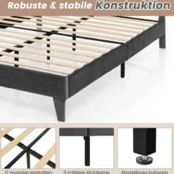 Polsterbett 200 x 140 cm Doppelbett mit Lattenrost & Kopfteil Gepolstertes Bettrahmen Grau Bettgestell bis 450 kg belastbar
