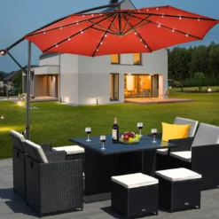 Polyester Ampelschirm mit Solarlichtern Schirm einfach neigbar Kreuzschirmständer 300 cm Burgunderrot