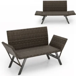 Polyrattan Gartenbank mit Liegefunktion & Verstellbaren Armlehnen Gartensofa Balkonbankbelastbar bis zu 300 kg